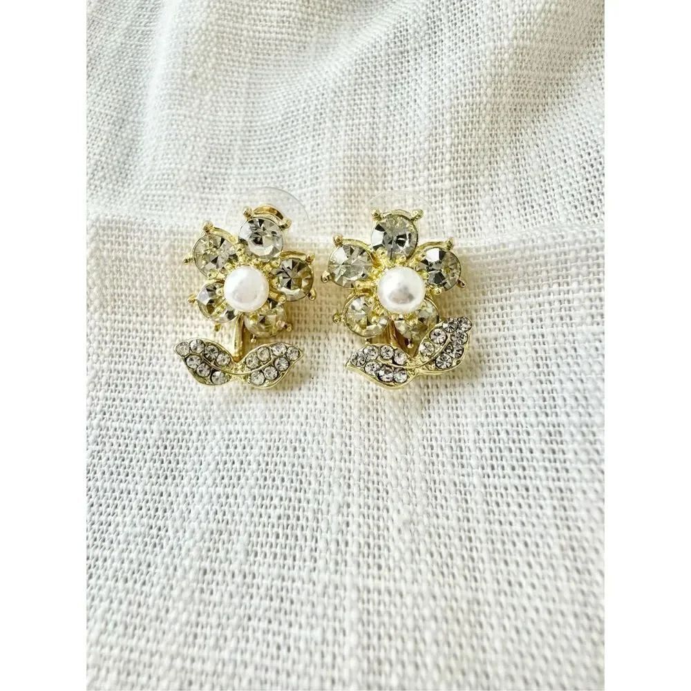 Convertible faux pearl & rhinestones flower earrings